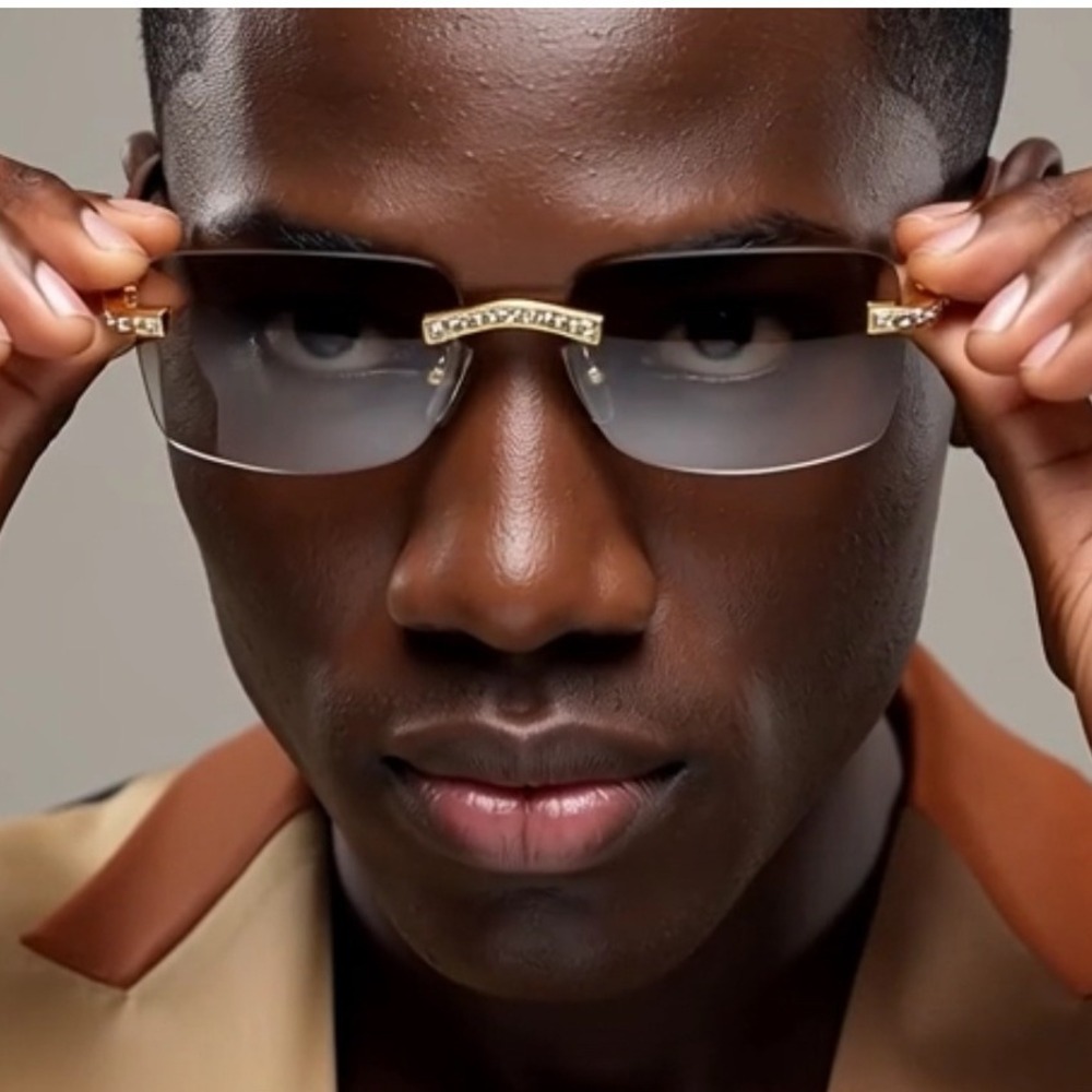 Rimless Sunglasses‎ Gold Clear Lens Wood Grain Arms Rhinestone Accents Hip Hop